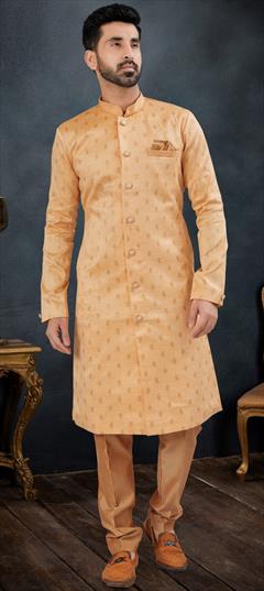 Reception, Wedding Pink and Majenta color Sherwani in Banarasi Silk, Jacquard fabric with Thread, Zari work : 1931272