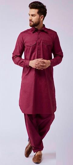 Festive, Wedding Red and Maroon color Pathani Suit in Cotton fabric with Thread work : 1931308