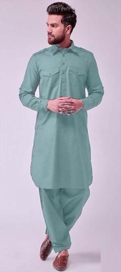 Festive, Wedding Green color Pathani Suit in Cotton fabric with Thread work : 1931309