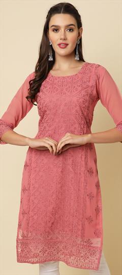 Summer Pink and Majenta color Kurti in Georgette fabric with Long Sleeve, Straight Embroidered, Thread work : 1931327