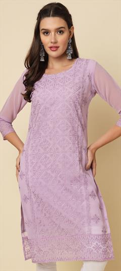 Summer Purple and Violet color Kurti in Georgette fabric with Long Sleeve, Straight Embroidered, Thread work : 1931329