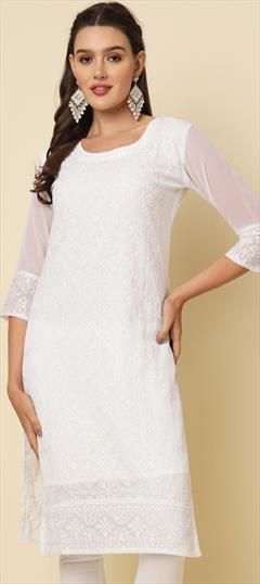 Summer White and Off White color Kurti in Georgette fabric with Long Sleeve, Straight Embroidered, Thread work : 1931330