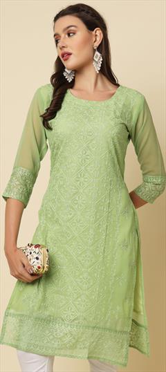 Summer Green color Kurti in Georgette fabric with Long Sleeve, Straight Embroidered, Thread work : 1931331