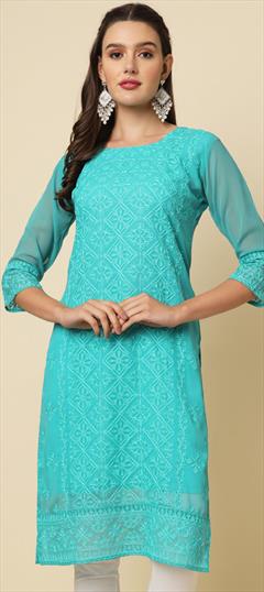 Summer Green color Kurti in Georgette fabric with Straight Embroidered, Thread work : 1931332
