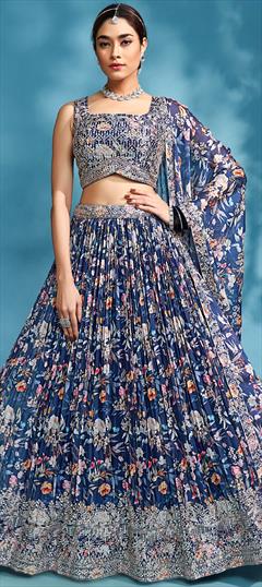 Bridal, Wedding Blue color Ready to Wear Lehenga in Georgette fabric with Embroidered, Floral, Printed, Sequence, Thread work : 1931339