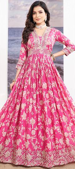 Designer, Festive, Reception Pink and Majenta color Gown in Silk fabric with Floral, Printed, Sequence, Thread, Zari work : 1931360