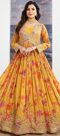 Designer, Festive, Reception Yellow color Gown in Silk fabric with Floral, Printed, Sequence, Thread, Zari work : 1931370