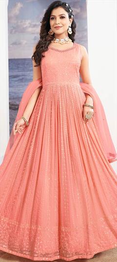 Designer, Festive, Reception Pink and Majenta color Gown in Organza Silk fabric with Resham, Sequence, Thread work : 1931371