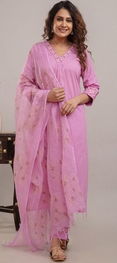Festive, Summer Pink and Majenta color Salwar Kameez in Cotton fabric with A Line Resham, Thread work : 1931386