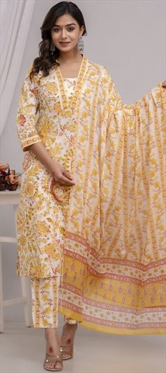 Festive, Summer White and Off White, Yellow color Salwar Kameez in Cotton fabric with Straight Lace, Printed work : 1931395