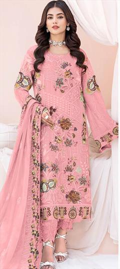Festive, Party Wear, Reception Pink and Majenta color Salwar Kameez in Faux Georgette fabric with Pakistani, Straight Embroidered, Sequence, Thread work : 1931399