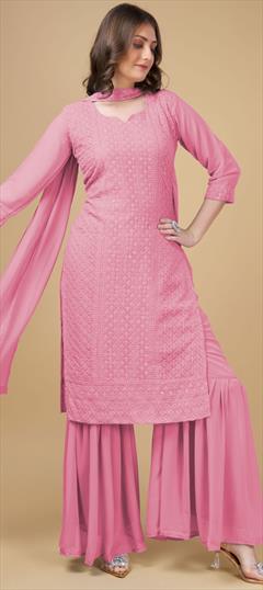 Engagement, Festive, Reception Pink and Majenta color Salwar Kameez in Georgette fabric with Sharara, Straight Embroidered, Sequence, Thread work : 1931414