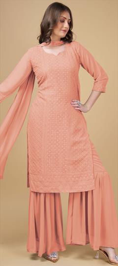 Engagement, Festive, Reception Orange color Salwar Kameez in Georgette fabric with Sharara, Straight Embroidered, Sequence, Thread work : 1931416