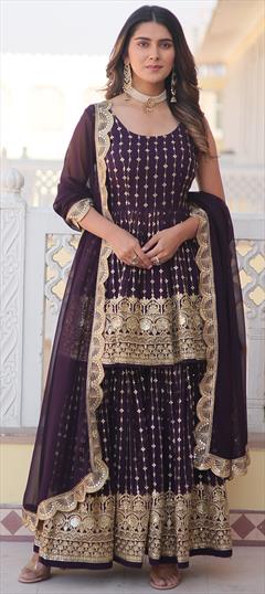 Festive, Reception, Wedding Purple and Violet color Salwar Kameez in Faux Georgette fabric with Sharara, Straight Embroidered, Sequence, Thread work : 1931418