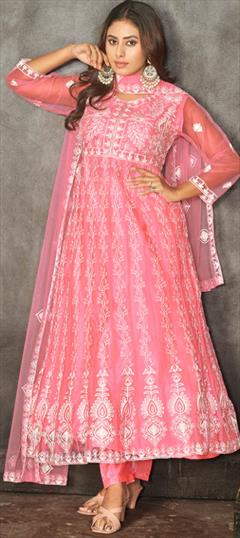 Festive, Party Wear, Reception Pink and Majenta color Salwar Kameez in Net fabric with Anarkali Embroidered, Thread work : 1931421