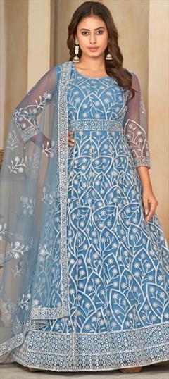 Festive, Party Wear, Reception Blue color Salwar Kameez in Net fabric with Anarkali Embroidered, Thread work : 1931422