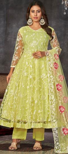 Festive, Party Wear, Reception Yellow color Salwar Kameez in Net fabric with Anarkali Embroidered, Thread work : 1931427