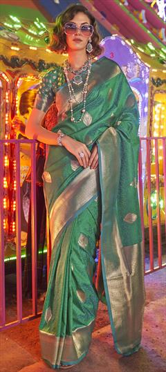 Summer, Traditional Green color Saree in Art Silk, Silk fabric with Bengali Weaving work : 1931489