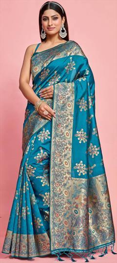 Bridal, Traditional, Wedding Blue color Saree in Kanjeevaram Silk fabric with South Thread, Zari work : 1931513