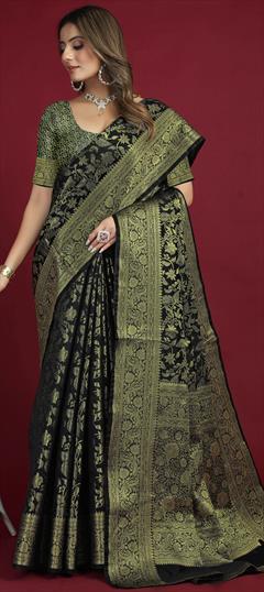 Party Wear, Traditional Black and Grey color Saree in Banarasi Silk fabric with South Weaving work : 1931549