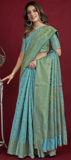 Party Wear, Traditional Blue color Saree in Banarasi Silk fabric with South Weaving work : 1931550