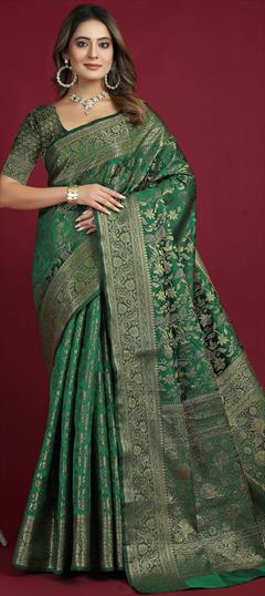 Party Wear, Traditional Green color Saree in Banarasi Silk fabric with South Weaving work : 1931551