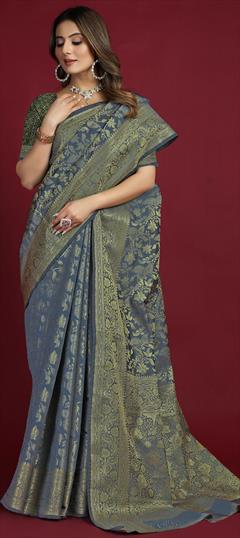 Party Wear, Traditional Black and Grey color Saree in Banarasi Silk fabric with South Weaving work : 1931557