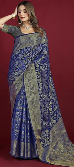 Party Wear, Traditional Blue color Saree in Banarasi Silk fabric with South Weaving work : 1931558