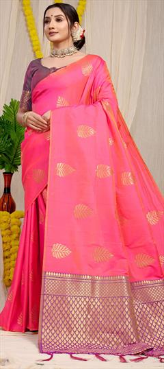 Party Wear, Traditional Pink and Majenta color Saree in Banarasi Silk, Silk fabric with South Weaving, Zari work : 1931583