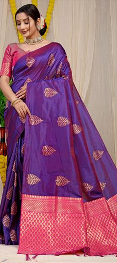 Party Wear, Traditional Purple and Violet color Saree in Banarasi Silk, Silk fabric with South Weaving, Zari work : 1931584