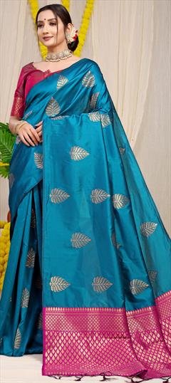 Party Wear, Traditional Blue color Saree in Banarasi Silk, Silk fabric with South Weaving, Zari work : 1931585