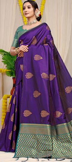Party Wear, Traditional Purple and Violet color Saree in Banarasi Silk, Silk fabric with South Weaving, Zari work : 1931586