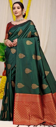 Party Wear, Traditional Green color Saree in Banarasi Silk, Silk fabric with South Weaving, Zari work : 1931587