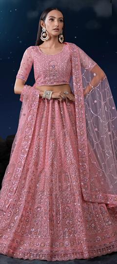Bridal, Wedding Pink and Majenta color Lehenga in Net fabric with Flared Embroidered, Sequence, Thread, Zari, Zircon work : 1931602