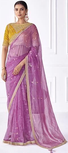 Festive, Party Wear Purple and Violet color Saree in Organza Silk fabric with Classic Embroidered, Lace, Sequence work : 1931627