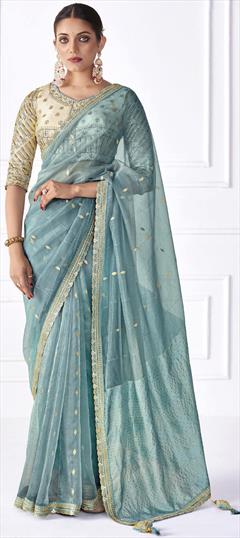 Festive, Party Wear Blue color Saree in Organza Silk fabric with Classic Embroidered, Lace, Sequence work : 1931628