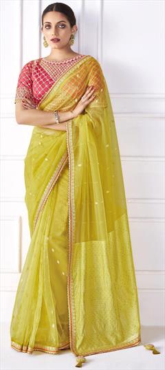 Festive, Party Wear Yellow color Saree in Organza Silk fabric with Classic Embroidered, Lace, Sequence work : 1931629