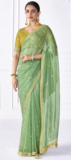 Festive, Party Wear Green color Saree in Organza Silk fabric with Classic Embroidered, Lace, Sequence work : 1931630
