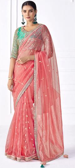 Festive, Party Wear Pink and Majenta color Saree in Organza Silk fabric with Classic Embroidered, Lace, Sequence work : 1931631