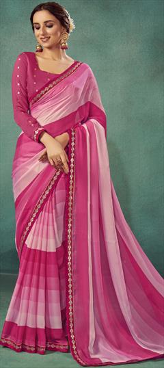 Festive, Party Wear, Reception Pink and Majenta color Saree in Chiffon fabric with Classic Lace work : 1931632