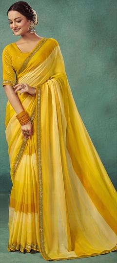 Festive, Party Wear, Reception Yellow color Saree in Chiffon fabric with Classic Lace work : 1931633