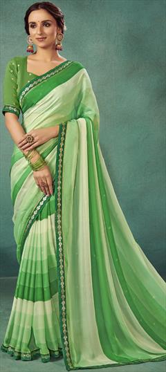 Festive, Party Wear, Reception Green color Saree in Chiffon fabric with Classic Lace work : 1931634