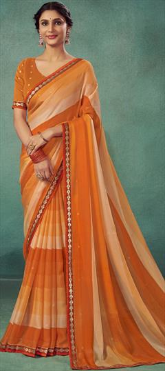 Festive, Party Wear, Reception Orange color Saree in Chiffon fabric with Classic Lace work : 1931636