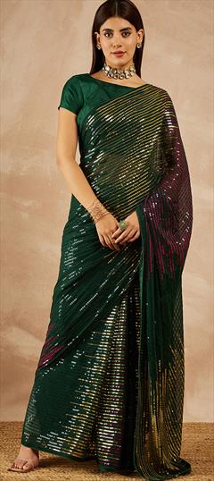 Festive, Party Wear Green color Saree in Georgette fabric with Classic Embroidered, Sequence work : 1931643