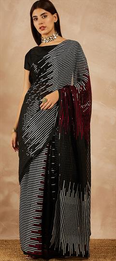 Festive, Party Wear Black and Grey color Saree in Georgette fabric with Classic Embroidered, Sequence work : 1931644