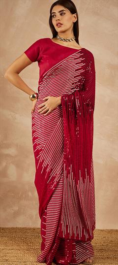 Festive, Party Wear Red and Maroon color Saree in Georgette fabric with Classic Embroidered, Sequence work : 1931645