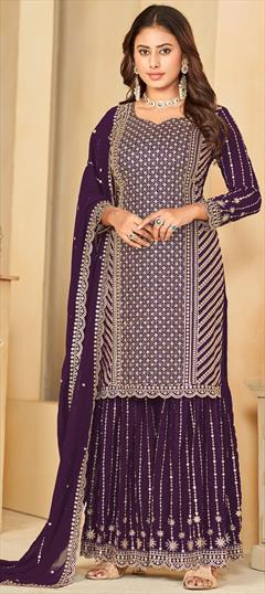 Festive, Party Wear, Reception Purple and Violet color Salwar Kameez in Faux Georgette fabric with Sharara, Straight Sequence, Thread work : 1931648