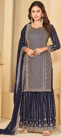 Festive, Party Wear, Reception Blue color Salwar Kameez in Faux Georgette fabric with Sharara, Straight Sequence, Thread work : 1931649