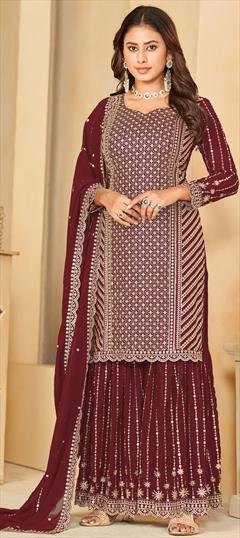 Festive, Party Wear, Reception Red and Maroon color Salwar Kameez in Faux Georgette fabric with Sharara, Straight Sequence, Thread work : 1931651