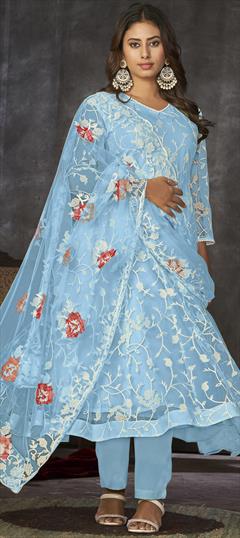 Festive, Party Wear, Reception Blue color Salwar Kameez in Net fabric with Anarkali Embroidered, Resham, Thread work : 1931738